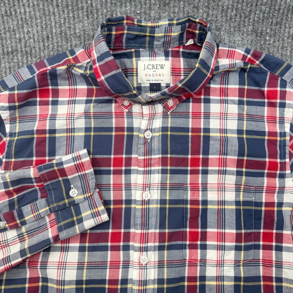 J.Crew Button Down Mens Large Red Blue Plaid Madras Long Sleeve G4134